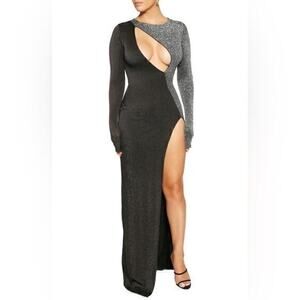 Naked Wardrobe Black Metallic Silver Colorblock Cutout Long Sleeve Maxi Dress S